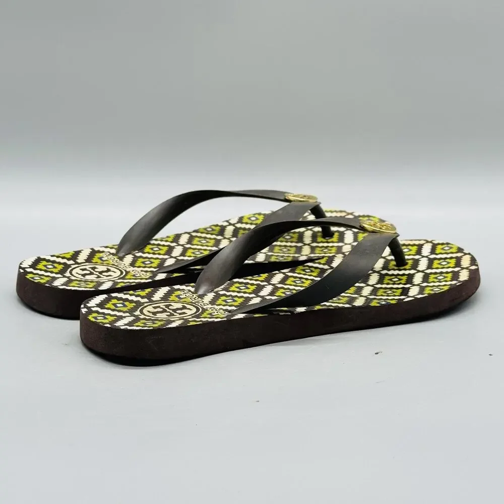 Tory Burch Sandals Womens 6 Multicolor Rubber Flip Flop Geometric Logo Shoes